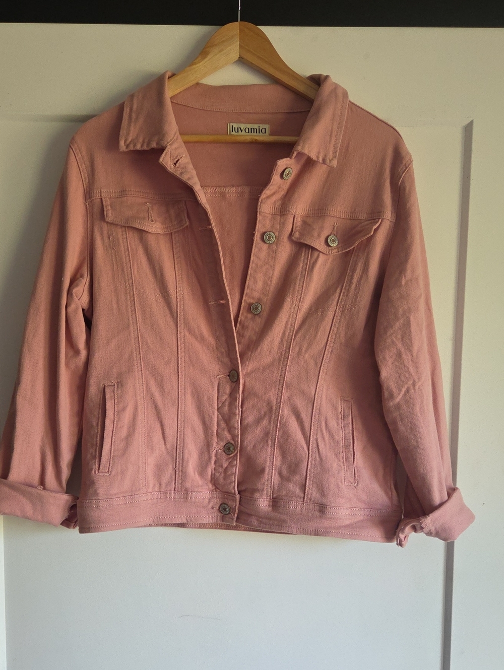 Luvamia Women's Blush Pink Denim Jacket - Classic Button-Front Jean Jacket